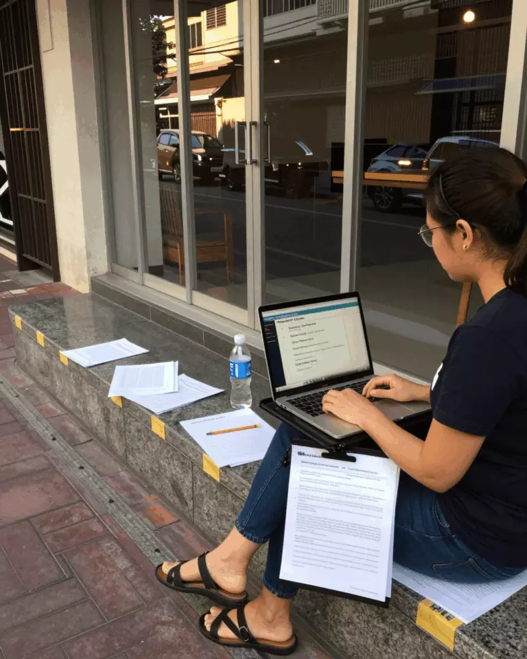 a Thai woman in her late 20s preparing online for ตัวตรวจสอบการเขียน IELTS ฟรี: มีประโยชน์หรือไม่เพียงพอสำหรับ Band 7?