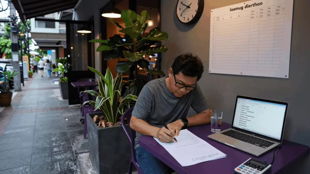 a Thai woman in her late 20s working through ฉบับร่าง