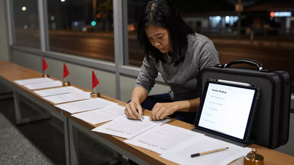 a Thai woman in her late 20s working through แก้ไข