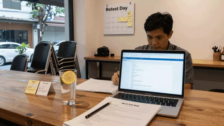 a Thai woman in her late 20s preparing online for แบบทดสอบ IELTS จำลองฟรี: วิธีใช้แบบทดสอบฝึกหัดอย่างถูกต้อง