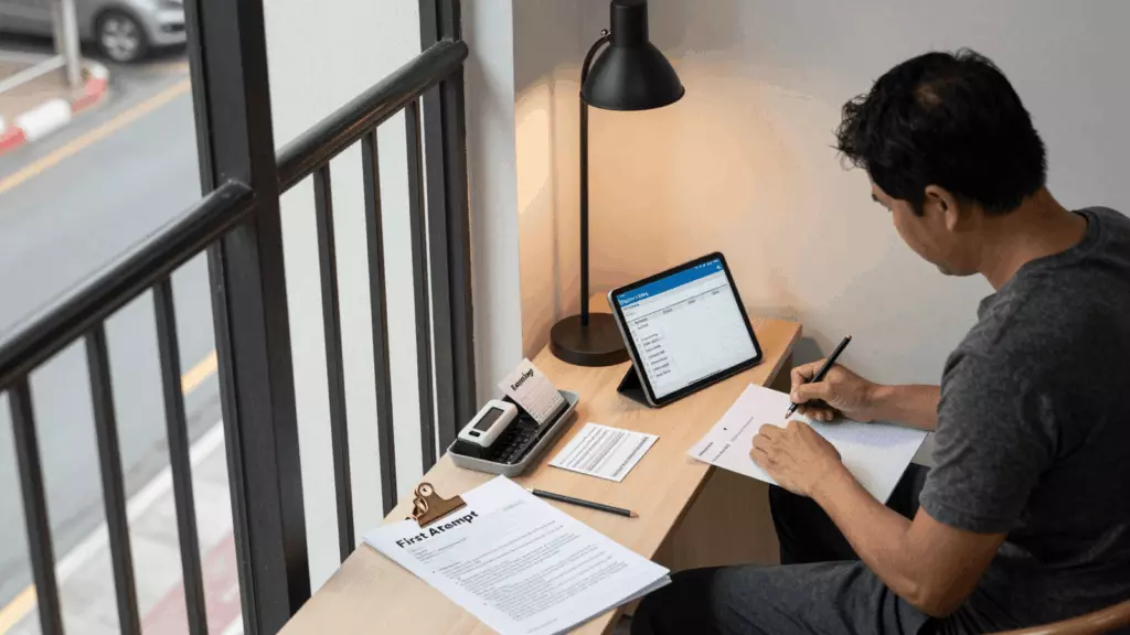 a Thai woman in her late 20s working through ทดสอบใหม่