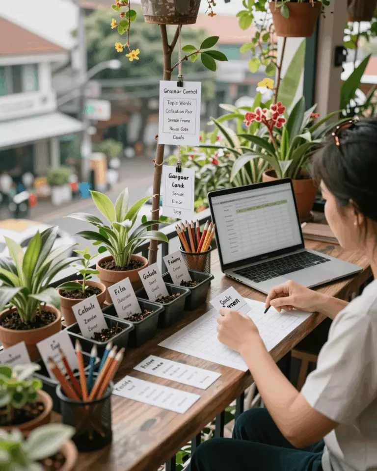 a Thai woman in her late 20s preparing online for ไวยากรณ์และคำศัพท์ IELTS สำหรับกลุ่มระดับอุดมศึกษา: สิ่งที่ต้องเรียนรู้ก่อน