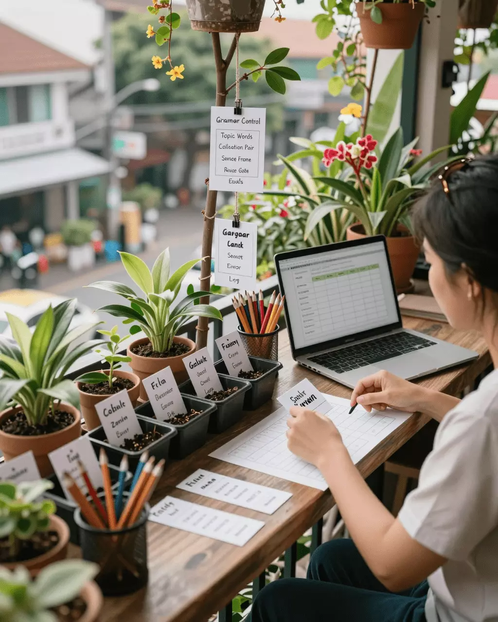 a Thai woman in her late 20s preparing online for ไวยากรณ์และคำศัพท์ IELTS สำหรับกลุ่มระดับอุดมศึกษา: สิ่งที่ต้องเรียนรู้ก่อน