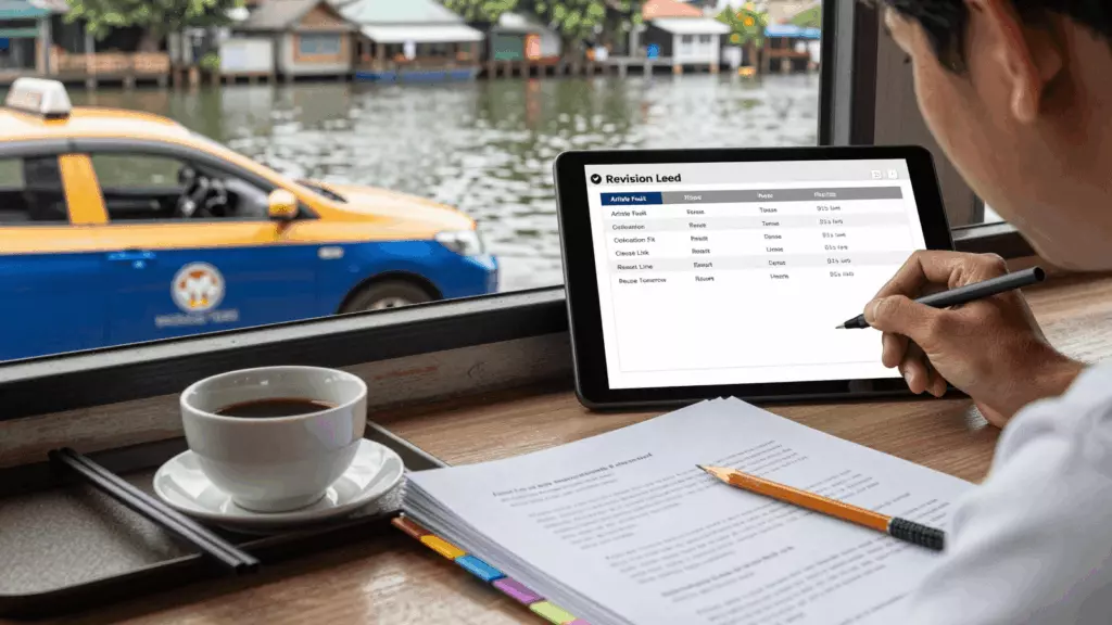 a Thai woman in her late 20s reviewing an IELTS online course workflow