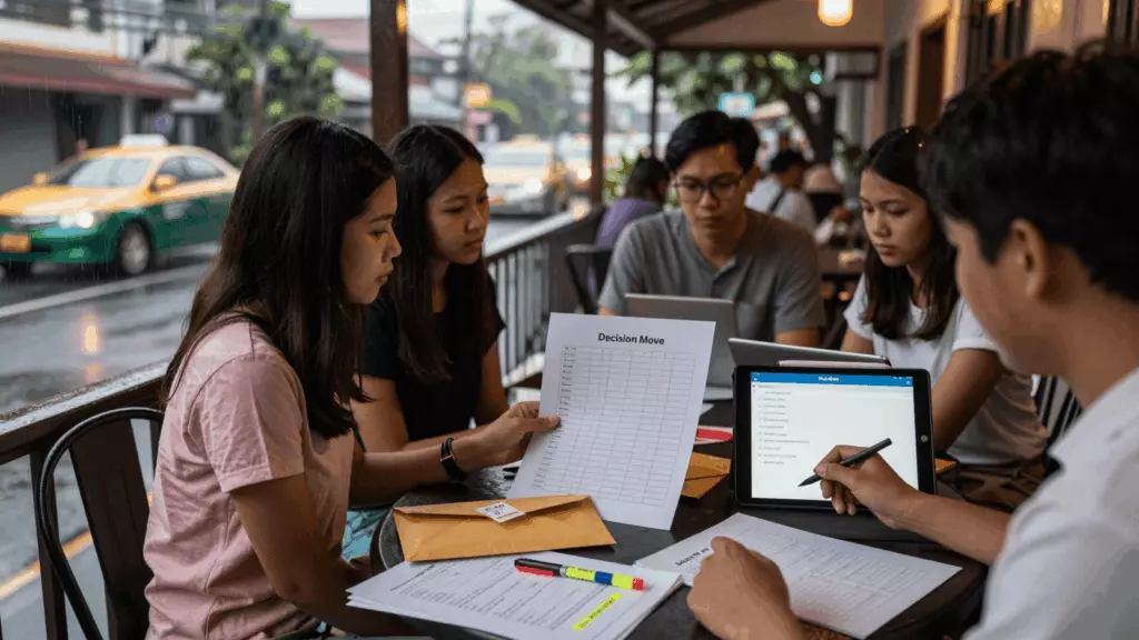a Thai woman in her late 20s working through ตัดสินใจ