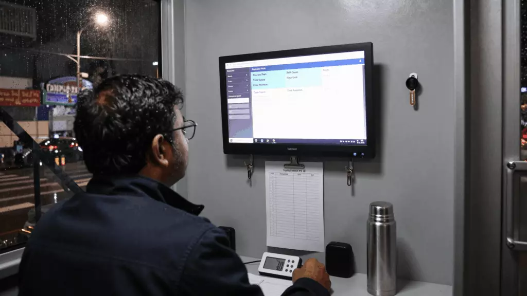 a Pakistani man in his late 20s reviewing an IELTS online course workflow