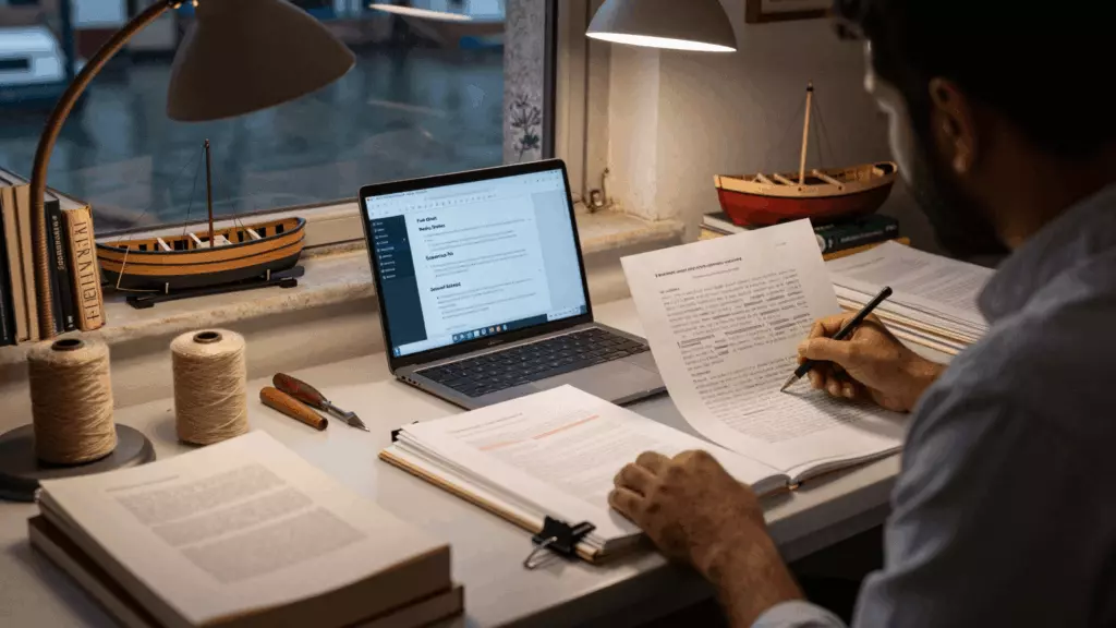 a Pakistani man in his late 20s reviewing an IELTS online course workflow