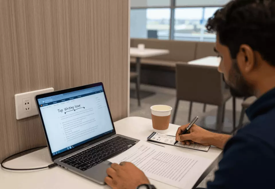 a Pakistani man in his late 20s choosing the next IELTS prep step online