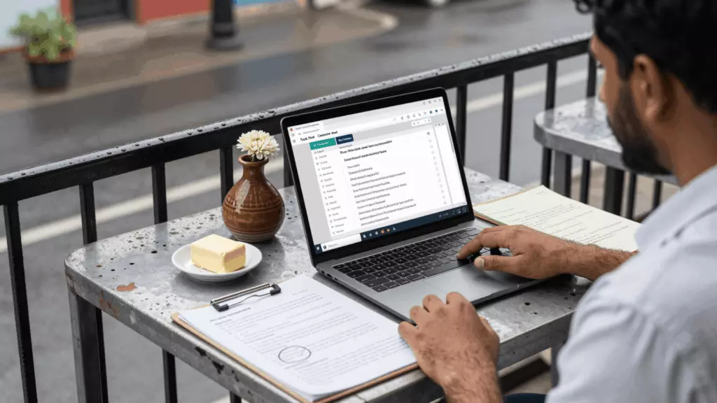 a Pakistani man in his late 20s reviewing an IELTS online course workflow
