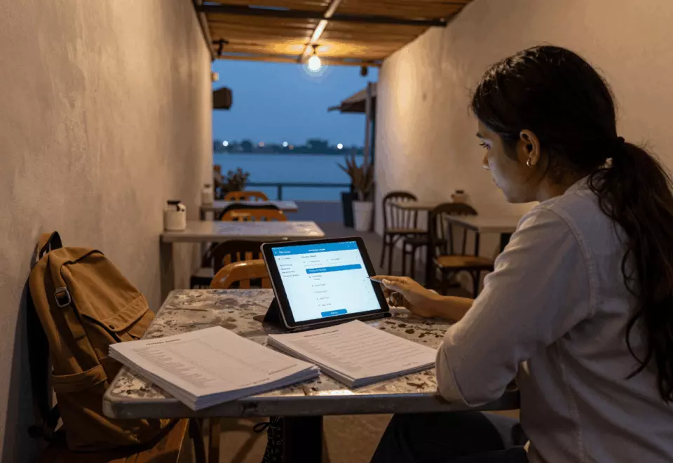 a Pakistani man in his late 20s choosing the next IELTS prep step online