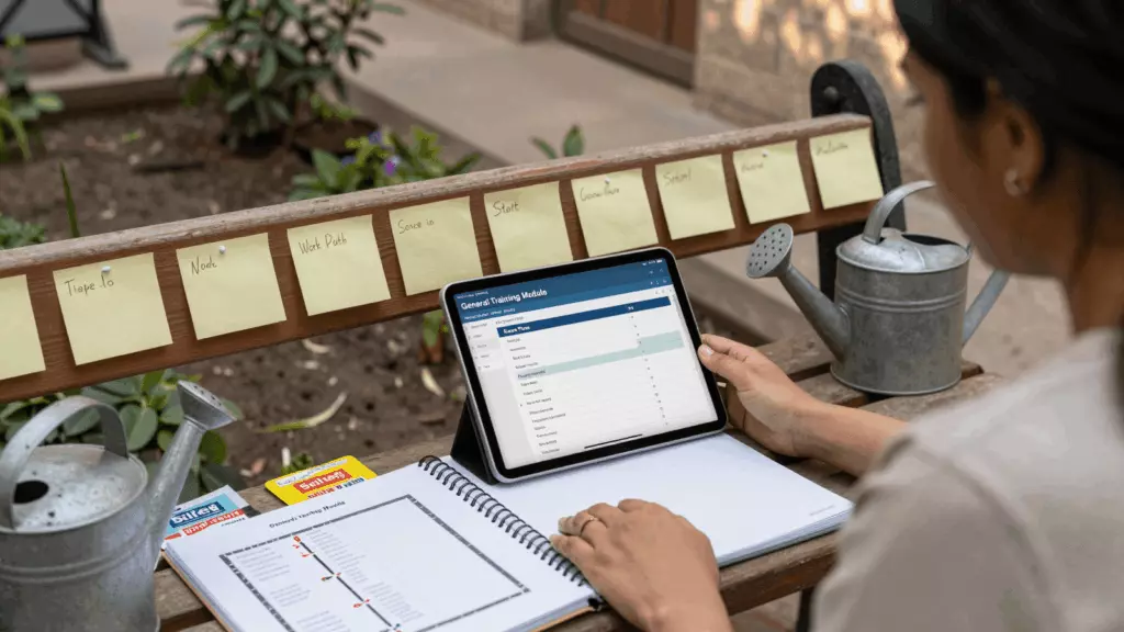 a Pakistani man in his late 20s reviewing an IELTS online course workflow