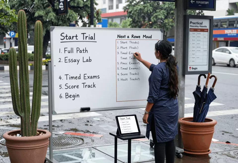 a Pakistani man in his late 20s choosing the next IELTS prep step online
