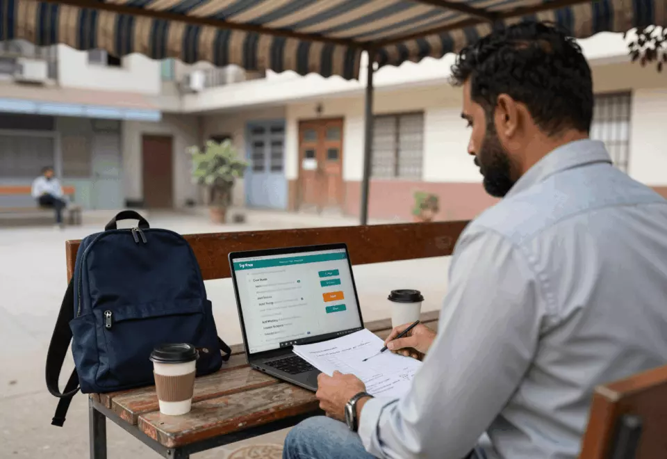 a Pakistani man in his late 20s choosing the next IELTS prep step online