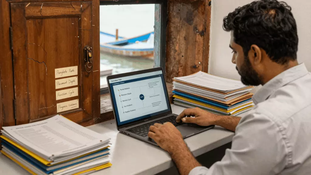 a Pakistani man in his late 20s working through موازنہ کریں۔