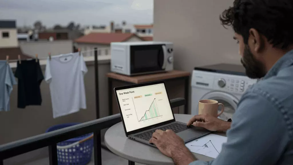 a Pakistani man in his late 20s reviewing an IELTS online course workflow