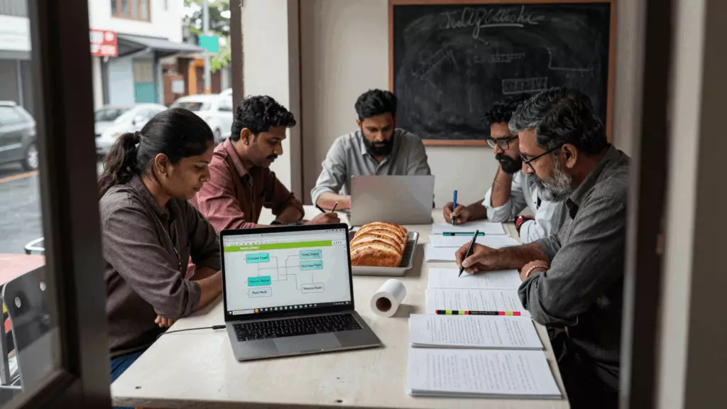 a Pakistani man in his late 20s reviewing an IELTS online course workflow