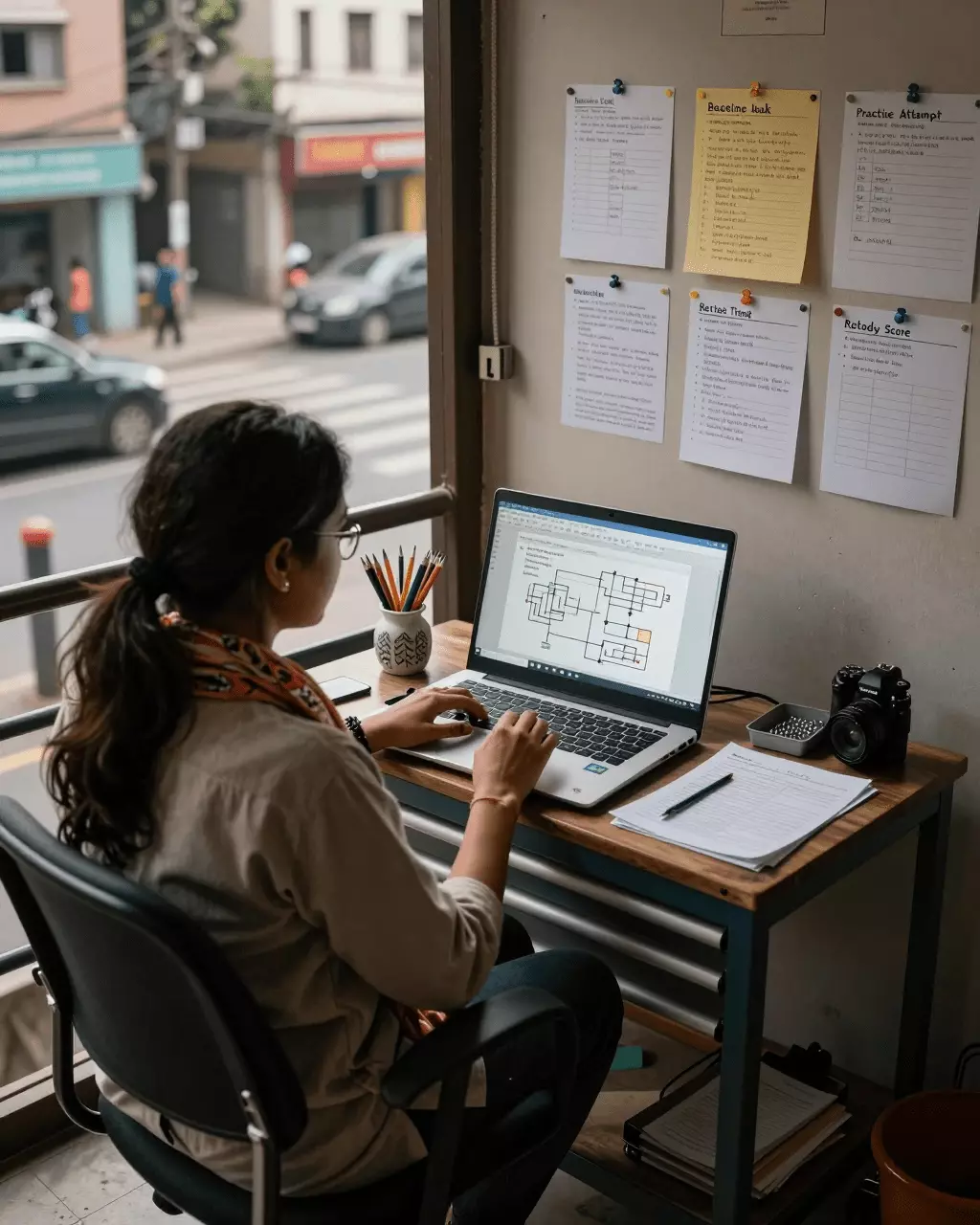 a Pakistani man in his late 20s preparing online for اسباق، مشق اور تحریری جائزہ کے ساتھ اپنے IELTS بینڈ اسکور کو کیسے بہتر بنایا جائے