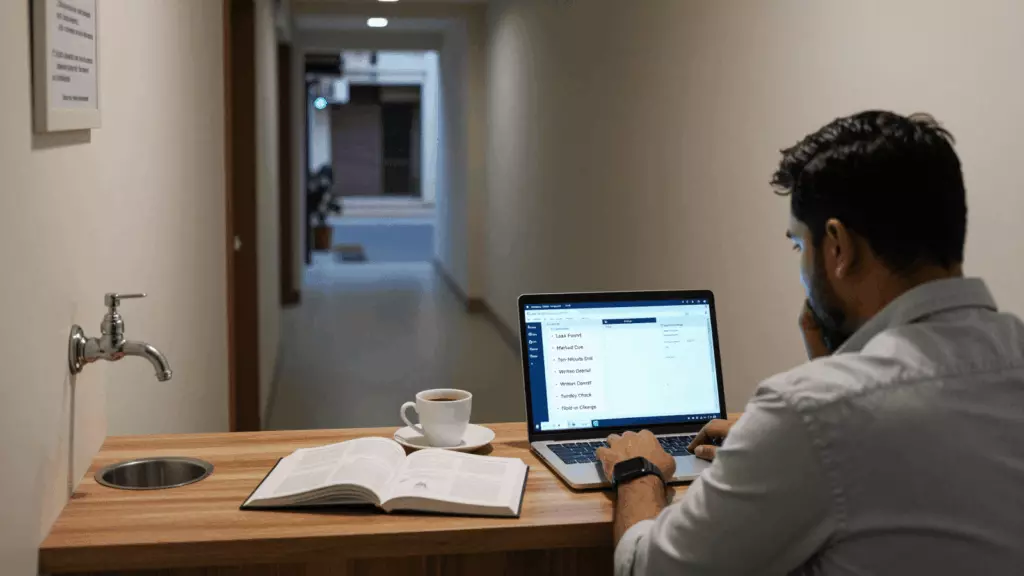 a Pakistani man in his late 20s reviewing an IELTS online course workflow