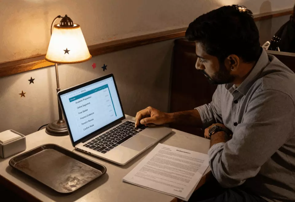 a Pakistani man in his late 20s choosing the next IELTS prep step online