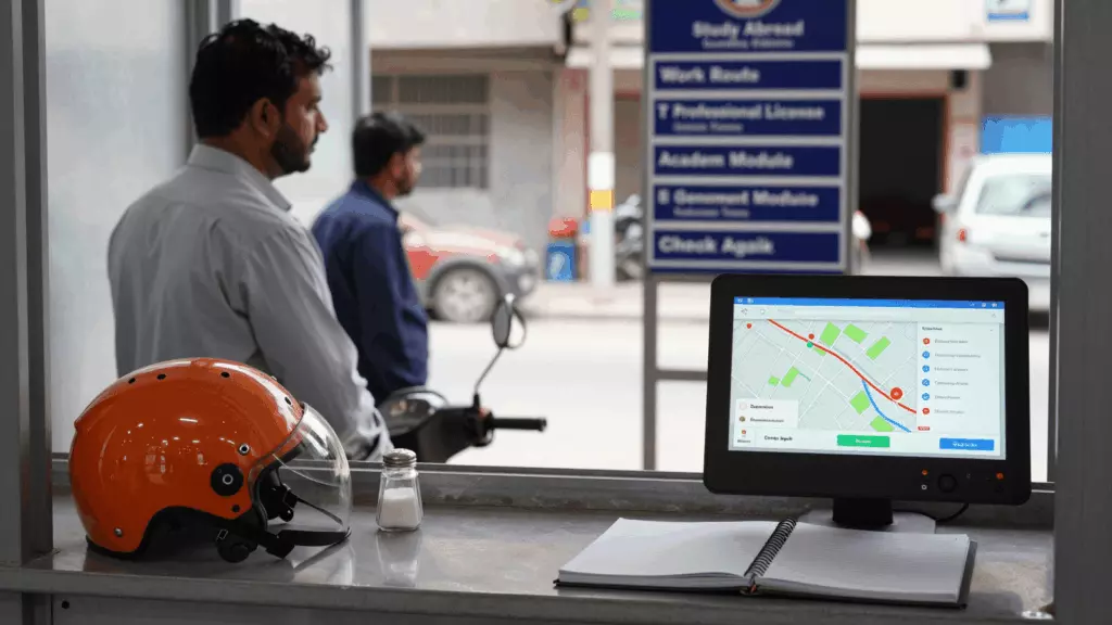 a Pakistani man in his late 20s reviewing an IELTS online course workflow