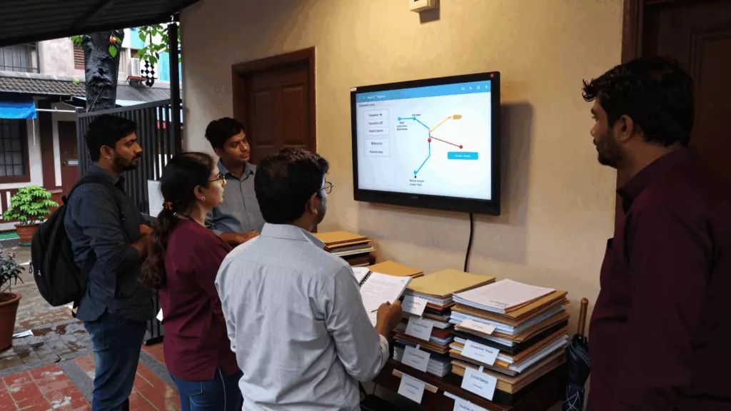 a Pakistani man in his late 20s reviewing an IELTS online course workflow