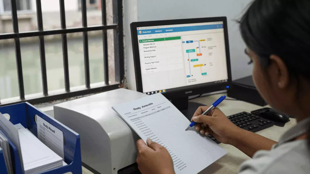 a Pakistani man in his late 20s reviewing an IELTS online course workflow