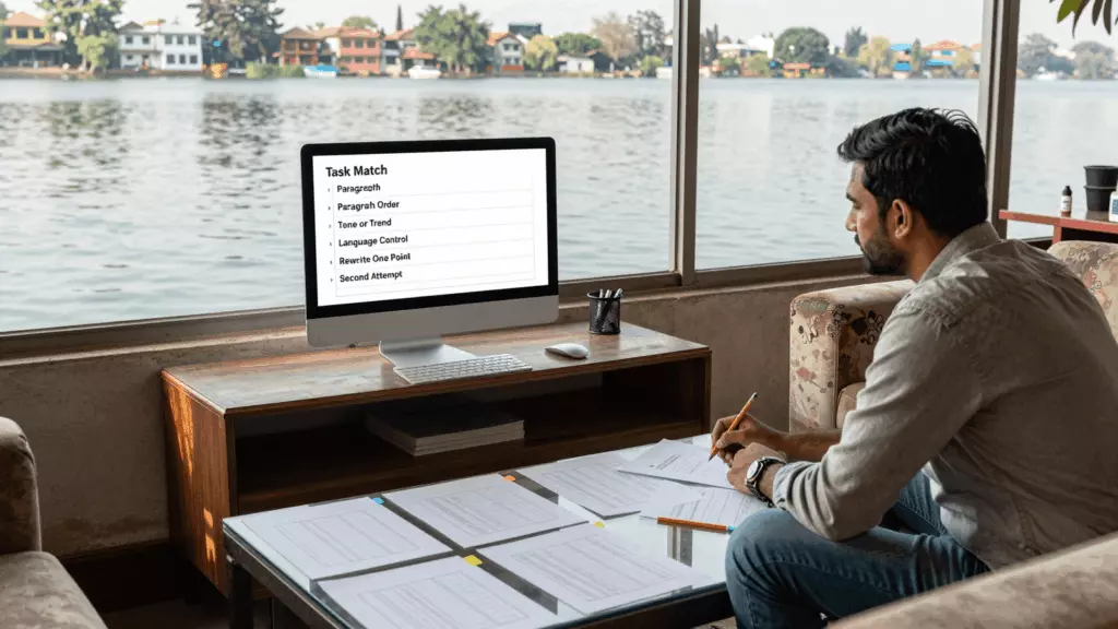 a Pakistani man in his late 20s reviewing an IELTS online course workflow