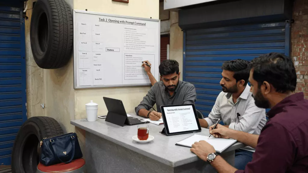 a Pakistani man in his late 20s working through منصوبہ