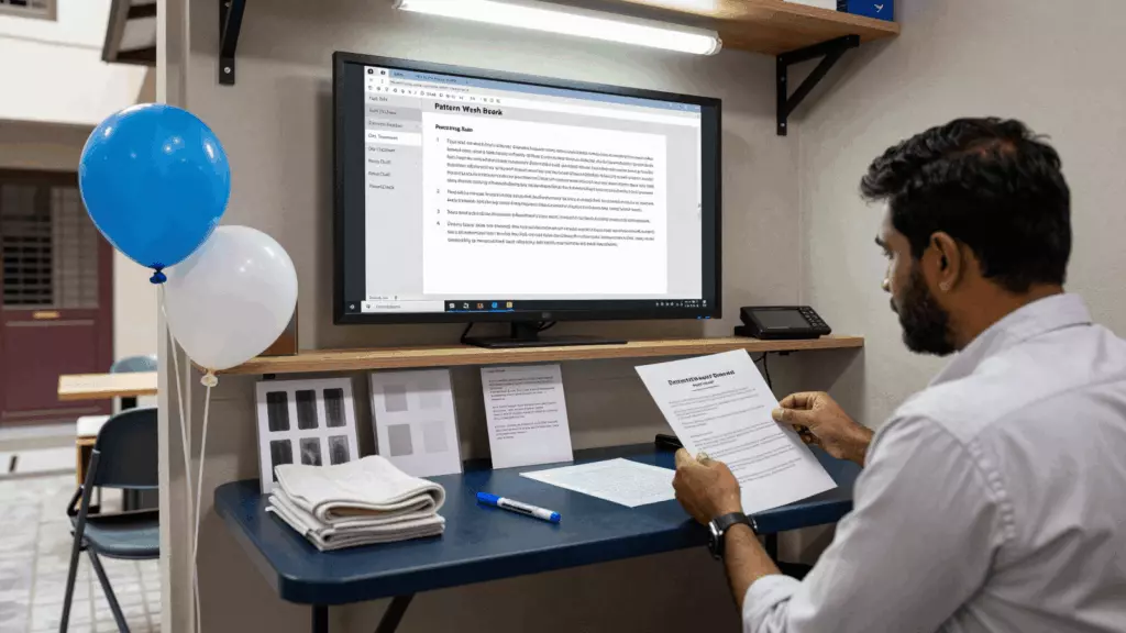 a Pakistani man in his late 20s reviewing an IELTS online course workflow
