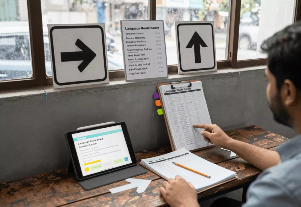 a Pakistani man in his late 20s choosing the next IELTS prep step online