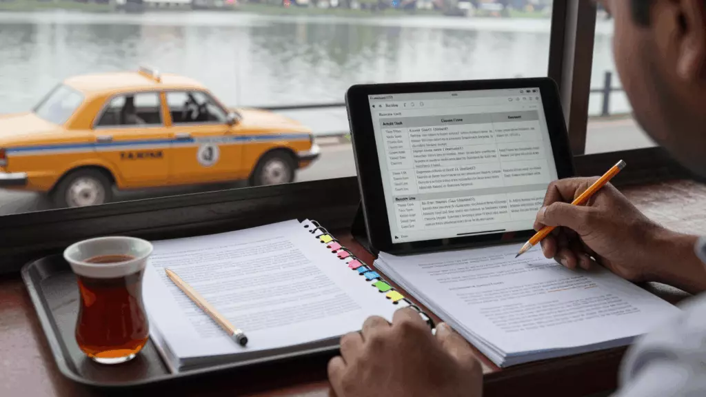 a Pakistani man in his late 20s reviewing an IELTS online course workflow