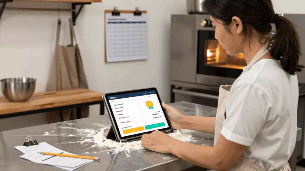 a Vietnamese woman in her late 20s reviewing an IELTS online course workflow