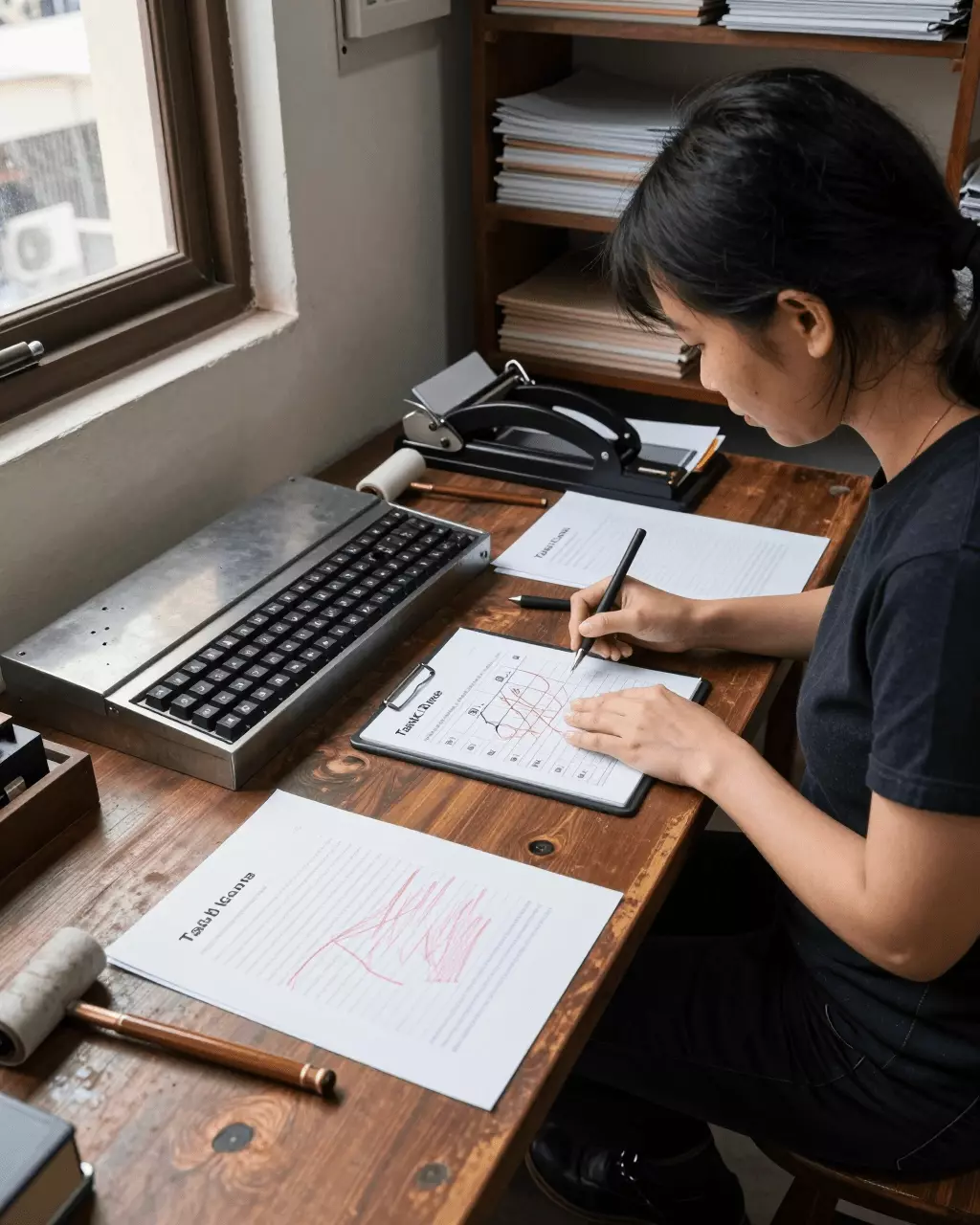 a Vietnamese woman in her late 20s preparing online for Khóa học viết IELTS: Bài tập 1, Bài tập 2, Điểm số và Kỹ năng viết luận
