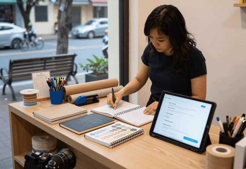 a Vietnamese woman in her late 20s choosing the next IELTS prep step online