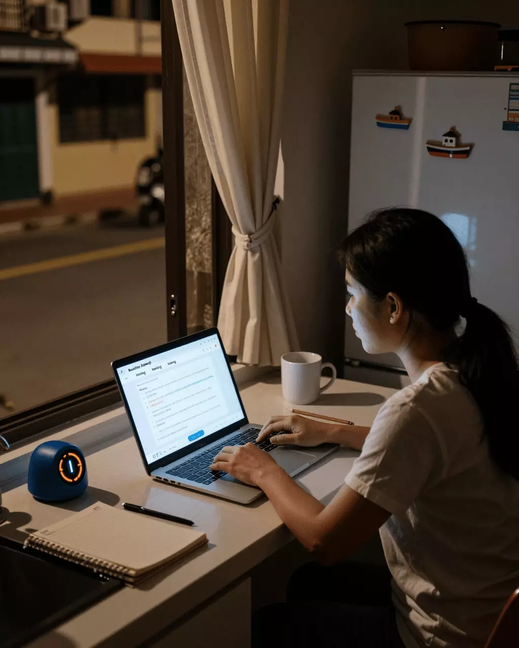 a Vietnamese woman in her late 20s preparing online for Bài kiểm tra thực hành IELTS trực tuyến: Bài kiểm tra mô phỏng, điểm số và mức độ sẵn sàng cho kỳ thi