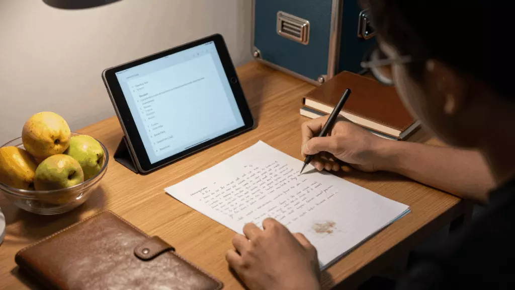 a Vietnamese woman in her late 20s working through Dự thảo
