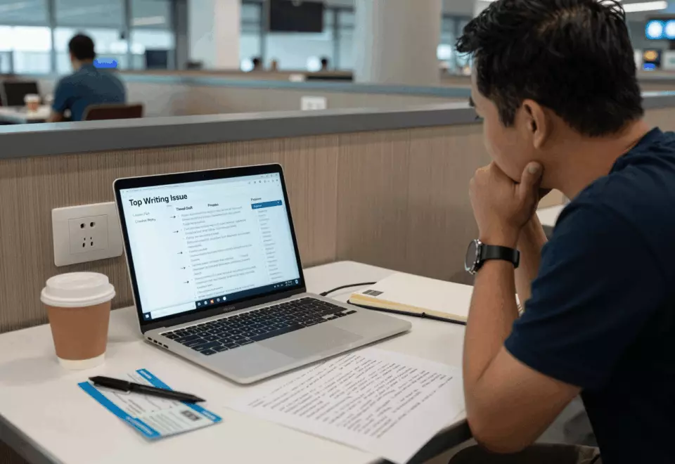 a Vietnamese woman in her late 20s choosing the next IELTS prep step online