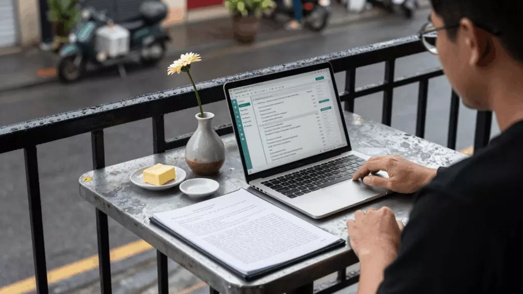 a Vietnamese woman in her late 20s reviewing an IELTS online course workflow