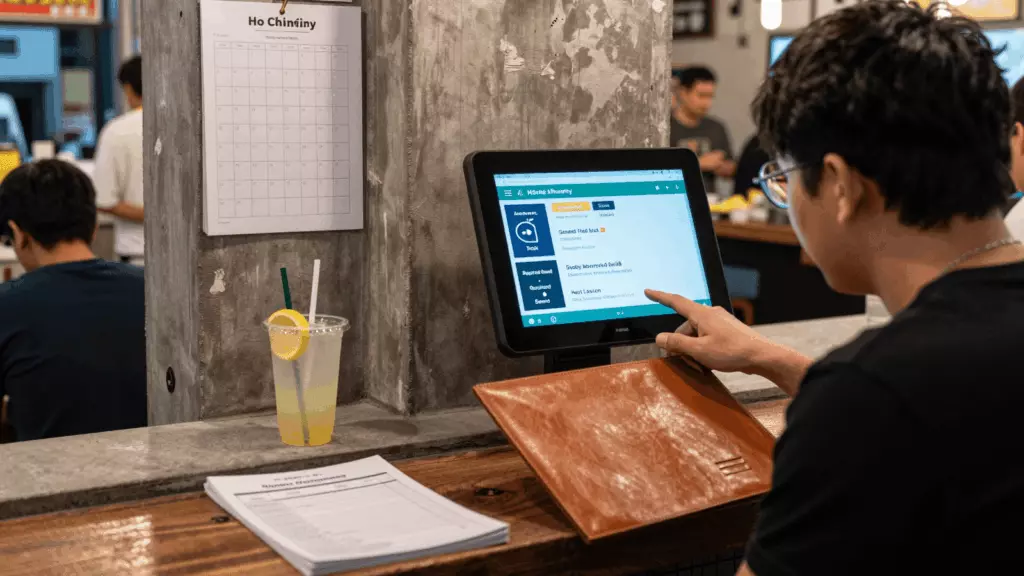 a Vietnamese woman in her late 20s reviewing an IELTS online course workflow