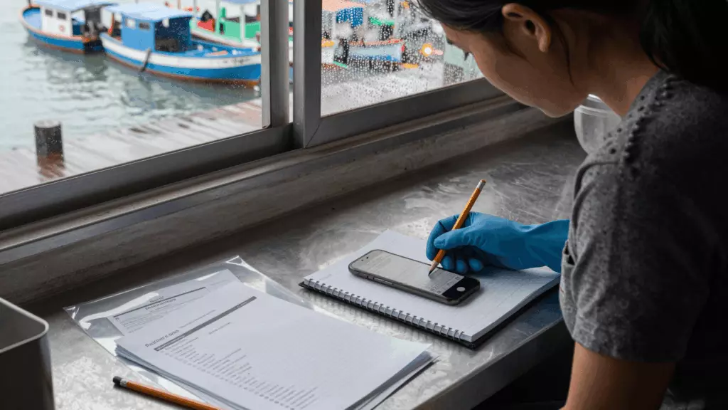 a Vietnamese woman in her late 20s working through >Kiểm tra