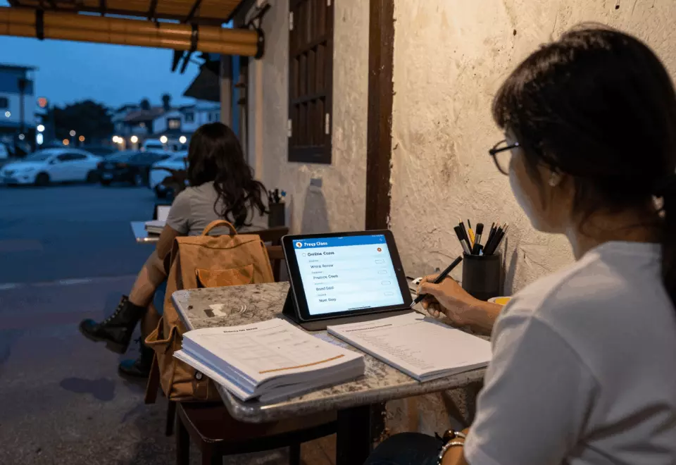 a Vietnamese woman in her late 20s choosing the next IELTS prep step online