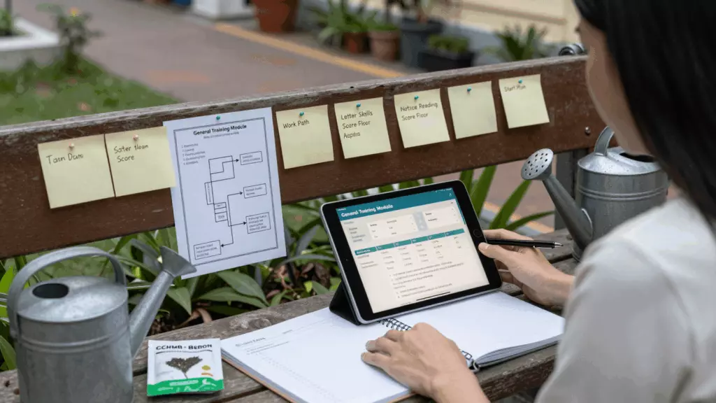a Vietnamese woman in her late 20s reviewing an IELTS online course workflow