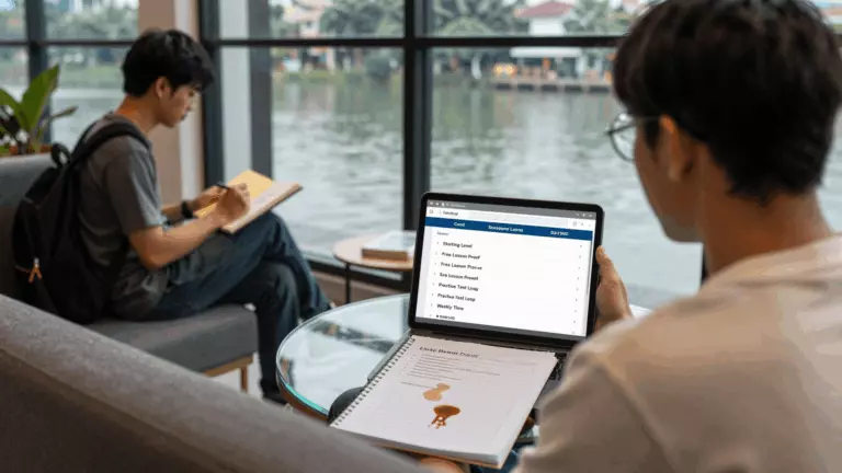 a Vietnamese woman in her late 20s preparing online for Cách chọn khóa học IELTS trực tuyến tốt nhất cho điểm số mục tiêu của bạn