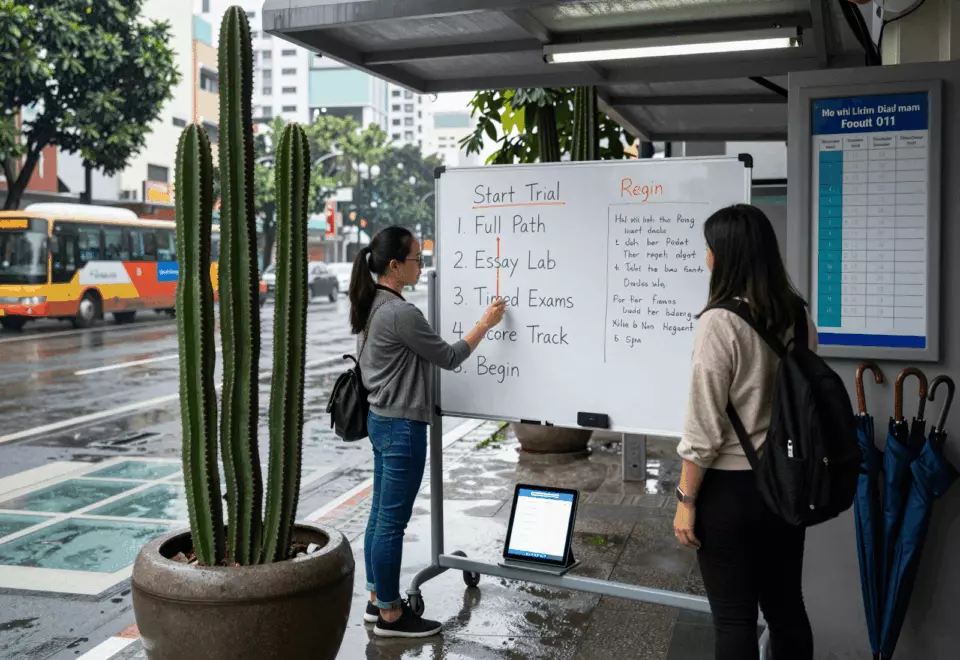 a Vietnamese woman in her late 20s choosing the next IELTS prep step online