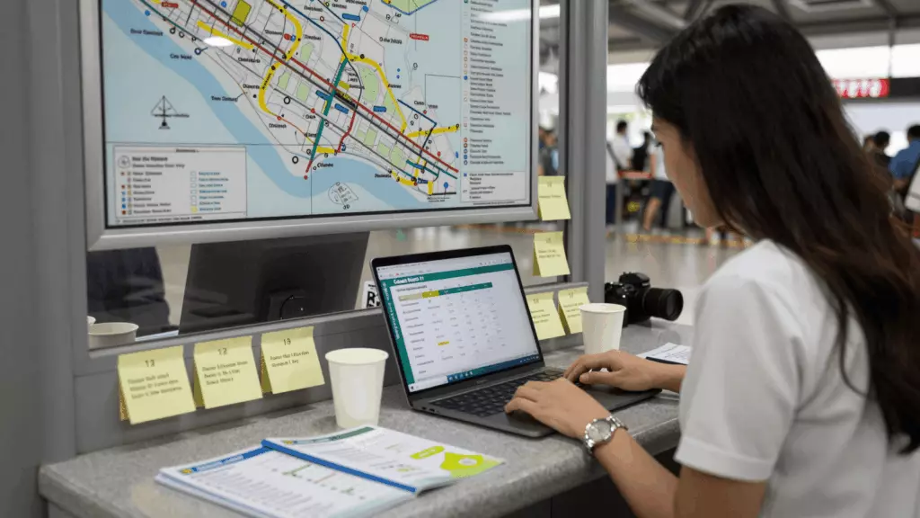 a Vietnamese woman in her late 20s reviewing an IELTS online course workflow