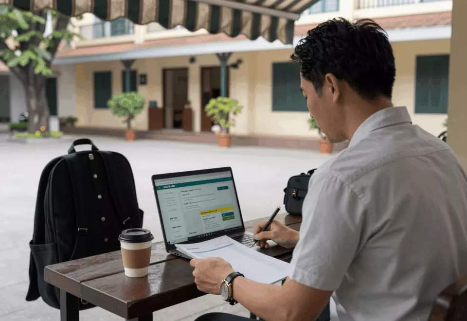a Vietnamese woman in her late 20s choosing the next IELTS prep step online