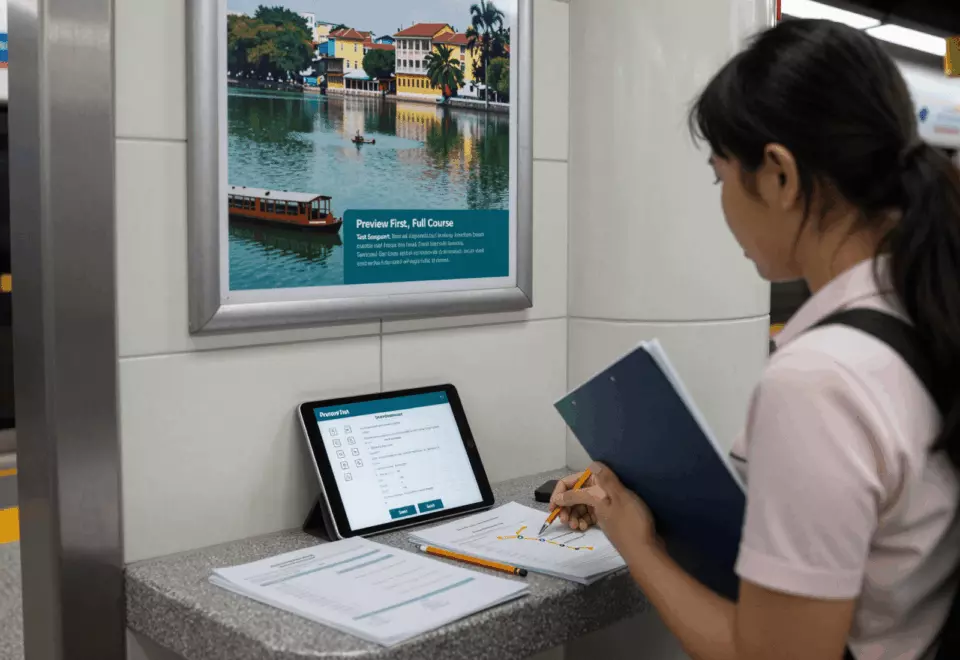 a Vietnamese woman in her late 20s choosing the next IELTS prep step online