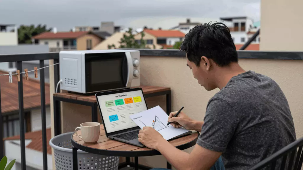 a Vietnamese woman in her late 20s reviewing an IELTS online course workflow