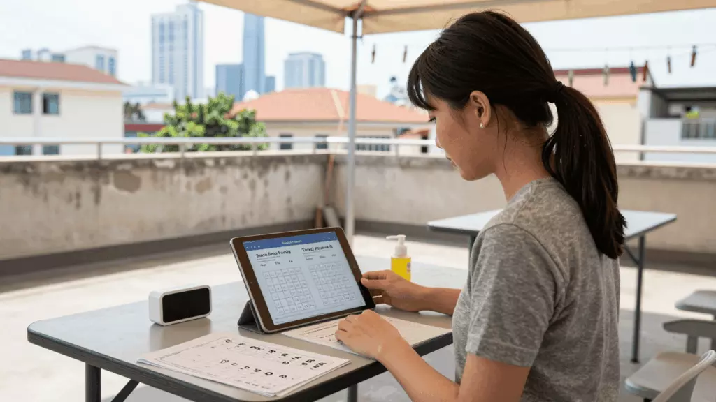 a Vietnamese woman in her late 20s working through Thực hành
