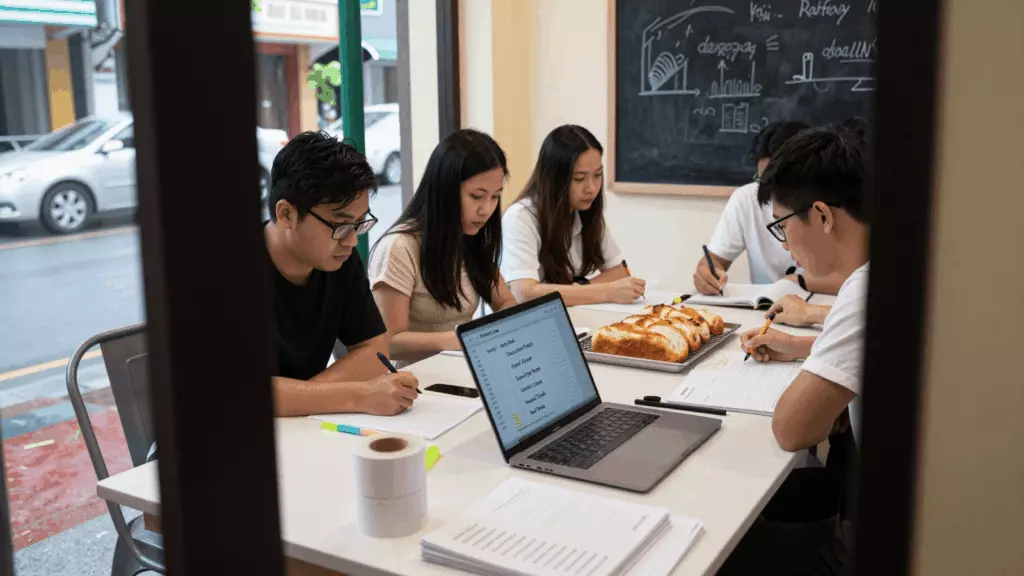 a Vietnamese woman in her late 20s reviewing an IELTS online course workflow
